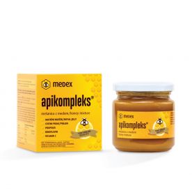 steklenička apikompleksa vsebuje 250g mešanice medu, cvetnega prahu, matičnega mlečka, propolisa in vitaminov